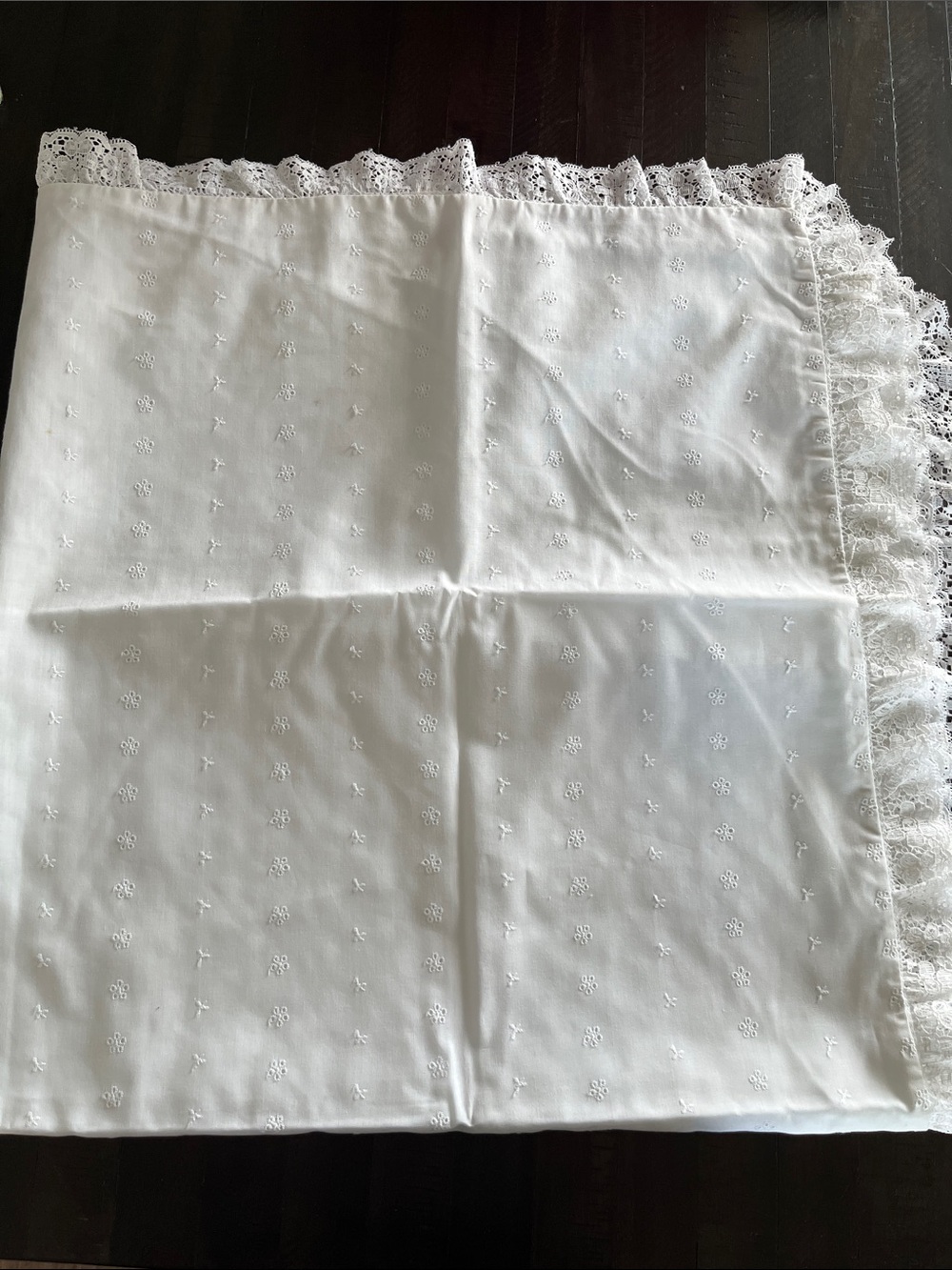 Vintage 1980 Handmade White Eyelet Baby Blanket with White Lace Trim